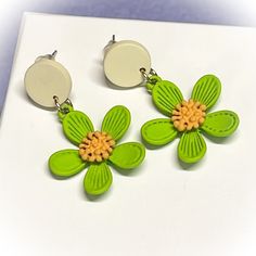 Super Fun Flower Earrings Light Weight Orange Drop Earrings For Spring, Trendy Yellow Flower Earrings, Yellow Handmade Flower Earrings, Yellow Dangle Flower Earrings For Spring, Green Flower Earrings For Spring, Yellow Spring Earrings, Trendy Green Flower Shaped Jewelry, Trendy Green Earrings For Spring, Green Dangle Flower Earrings For Spring