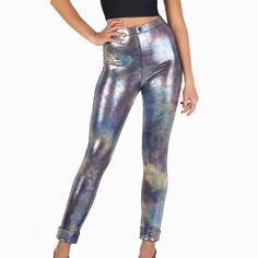 Black Milk Pants That Are Stunning, Shimmers And Sparkles With A Million Different Colors In The Light, Like A Slick Of Oil Catching The Light Of A Streetlamp On The Road. It Looks Particularly Amazing In These Leggings, Which Slay With A False-Fly-And-Button Front, Flattering Side Seams And Hem May Be Cuffed. Measures Approx. Waist: 12.5"; Hip: 13 3/8"; Length: 38.5"; Rise: 11.5". Size Small. Excellent Condition, Appears Unworn. 85% Nylon / 15% Elastane Care Instructions: Hand Wash Only, Do No Slim Fit Pants For Spring Party, Trendy Metallic Leggings For Night Out, Fitted Metallic Leggings For Fall, Chic Fitted Metallic Leather Pants, Fitted High Rise Party Pants, Trendy Metallic Pants For Night Out, Metallic Tight Party Bottoms, Trendy High Rise Metallic Bottoms, Casual Fitted Metallic Bottoms