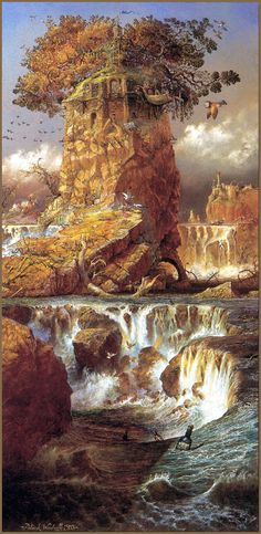 a painting of a waterfall with birds flying over it and people in the water below