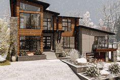 this is an artist's rendering of a modern house in the snow with lots of windows