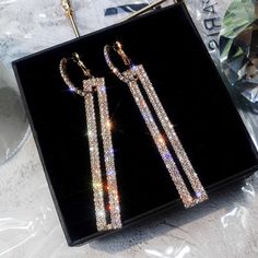 Blair Rhinestone Long Rectangle Drop Earrings Rectangular Earrings, Rhinestone Material, Rectangle Earrings, Long Drop Earrings, Gold Rhinestone, Silver Rhinestone, Gold Drop Earrings, Geometric Earrings, Rose Gold Earrings