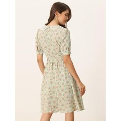 Designed as a lightweight midi option, this cute regular-fit floral dress has a flattering empire line silhouette. Lightweight and flowing, the flared silhouette is decorated in neutral flowers and is trimmed with pretty lace detailing. Pair it with strappy sandals or elegant high heels and add a clutch for a wedding guest look. Occasion: Vacation, Weekend, Gathering, Casual, Beach, Date, Wedding. Vintage Peasant Dress, Neutral Flowers, Fitted Floral Dress, Elegant High Heels, Wedding Guest Looks, Ballet Dress, Midi Short Sleeve Dress, Ruffle Hem Dress, Peasant Dress