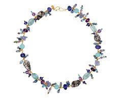 This cool toned, playful and brilliantly composed one-of-a-kind necklace is a testament to the endless creativity of Mallary Marks. A multitude of colors, shapes and textures combining a variety of semi-precious gems create an eye-catching and statement-making necklace. Tanzanite, black pearl, tourmaline, quartz, blue chalcedony, turquoise, opal, aquamarine, black spinel and amethyst come together along the 22K yellow gold links. total length : 16 1/2" : 22K yellow goldgray-purple sapphire : 4.3 Tourmaline Quartz, Light Mint Green, Peruvian Opal, Semi Precious Gems, Purple Sapphire, Blue Tourmaline, Single Stone, Tutti Frutti, Black Spinel