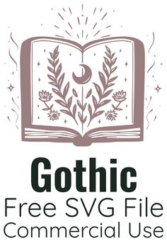 the logo for gothic free svg file commercial use, with an open book and leaves