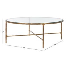 an oval glass coffee table with gold frame and metal legs, measurements for the top