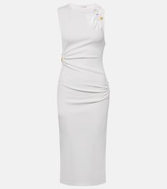 Callisto Trinity jersey midi dress in white - Christopher Esber | Mytheresa Sleeveless Elastane Midi Dress For Formal Occasions, Elegant Sleeveless Elastane Midi Dress, Elegant Sleeveless Midi Dress In Elastane, White Sleeveless Stretch Midi Dress, Elegant Ruched Maxi Dress, White Elastane Formal Dress, Formal White Elastane Dress, White Midi-length Elastane Bodycon Dress, White Elastane Midi Bodycon Dress