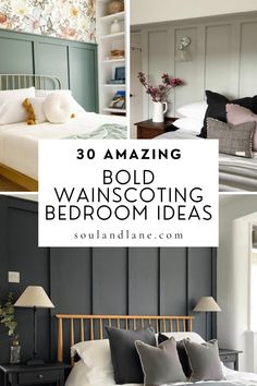 the bedroom is decorated in gray and white with text overlay that reads, 30 amazing bold