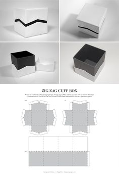 four different views of an open box with black and white paper on it, including the top