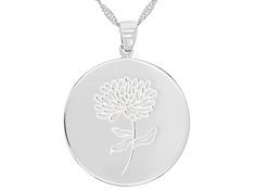 Rhodium Over Sterling Silver Round November Chrysanthemum Birth Flower Pendant With 18" Singapore Chain. Measures Approximately 1.29"L x 0.98"W And 3mm Bail. Lobster Claw Clasp Closure With 2" Extender. Silver Medallion Necklace With Flower Charm, Silver Medallion Necklace With Birth Flower, Personalized Silver Flower Shaped Necklace, Engraved Flower Shape Necklaces, White Gold Necklace With Flower Charm, Silver Hypoallergenic Flower Necklace, Silver Round Disc Jewelry With Birth Flower, Silver Jewelry With Birth Flower On Round Disc, Mother's Day Silver Flower Necklace With Round Pendant