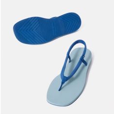 New With Tags Size 7 Everlane Blue The Renew Strappy Sandal ~Sleek & Comfortable; Minimal Thong Strap; Cushioned Insole; Natural Rubber Outsole; Stretchy Back Strap; Best Part...Made From 100% Recycled Materials ~Slide-On Style; Round-Square Open Toe; Elastic Strap ~Brand New; Never Worn; No Holes, Stains Or Defects ~Please View All Photos Don't Hesitate To Comment Below W/Questions...Thanks For Looking! Blue Beach Sandals With Removable Insole, Light Blue Synthetic Flip Flops For Summer, Light Blue Sandals For Summer Beach, Light Blue Flip Flops For Summer, Light Blue Flat Flip Flops For Summer, Casual Blue Sandals For Poolside, Light Blue Sandals With Removable Insole For Beach, Light Blue Flip Flops For Summer Vacation, Blue Sandals For Spring Poolside