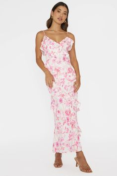 Shop the Silvana Frill Trim Midi Dress Floral Pink | Selfie Leslie Really Pretty Dresses, Hoco Dress Inspo, Spring Feeling, Hoco Inspo, Sweet 16 Party Ideas, 16 Party Ideas, Midi Dress Floral, Hoco Dress, Sweet 16 Party