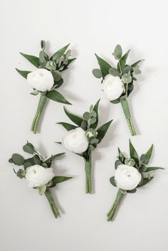 four white roses and green leaves arranged on a wall