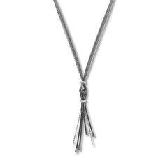 This chic necklace features a tassel of mesh and beaded textured sterling silver chains accented in black ruthenium and white rhodium. The center sways from a 16.5-inch black beaded chain that secures with a lobster clasp. Elegant Metal Tassel Necklace, Elegant Adjustable Necklace With Oxidized Finish, Elegant Multi-strand Chain Necklace With Box Chain, Elegant Multi-strand Box Chain Necklace, Elegant Silver Metal Tassel Necklace, Chic Silver Necklace With Box Chain, Elegant Gunmetal Necklace With Box Chain, Elegant Gunmetal Box Chain Necklace, Elegant Oxidized Snake Chain Jewelry