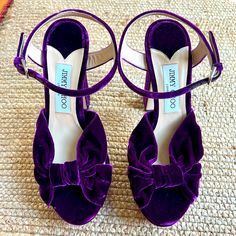 Jimmy Choo "Heloise" Velvet Platform Sandals 4.75 In / 120 Mm Block Heel - 3.75 In / 95 Mm Platform Heel + 1.00 In / 25 Mm Platform Open Toe Crisscross Vamp Adjustable Ankle Strap Leather Outsole Lining: Leather Made In Italy Luxury Purple Heels With Heel Strap, Luxury Purple Closed Toe Heels, Lemon Breeland, Celestial Floral, Iris Purple, Love Goddess, Purple Heels, Summer Cool, Fashion Guide