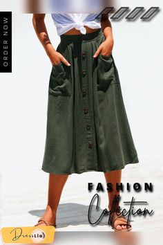 A-lined Buttons Knee Length Midi Skirt with Pockets Non-stretch Buttoned Skirt For Spring, Spring Non-stretch Buttoned Skirt, Spring Non-stretch Skirt With Buttons, Casual Knee-length Khaki Skirt, Casual Khaki Knee-length Skirt, Casual Non-stretch Skirt With Button Closure, Casual Khaki Maxi Skirt For Spring, Fitted Midi Maxi Skirt With Pockets, Casual Green A-line Bottoms