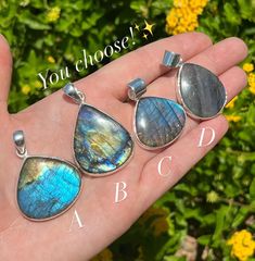 This listing is for one 925 Polished Labradorite sterling silver pendant. If you would like your pendant to come on a sterling silver chain, choose what length you would like in the drop down.  **Choose which pendant you would like in the drop down! You will receive the exact option (A-D) that you choose and purchase. 💙Labradorite is a transparent stone that is grey to green in hue. It displays Labradorescence, a type of play of color, creating flashes of purple, blue and yellow. It was discovered in 1770 in Newfoundland, Canada. Labradorite is named after the Labrador Peninsula where it was discovered. Labradorite is a stone for awakening inner feelings of self worth. It allows you to see through illusions and find the light in darkness, or at the end of a tunnel. This stone is said to h Untreated Silver Necklace As A Gift, Sterling Silver Untreated Teardrop Pendant, Silver Labradorite Necklace For Healing, Silver Labradorite Teardrop Pendant Jewelry, Adjustable Nickel-free Labradorite Necklaces, Iridescent Labradorite Pendant Necklace, Mystical Labradorite Pendant Necklace, Spiritual Labradorite Pendant Jewelry, Third Eye Chakra