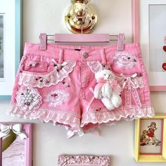 The sweetest pink denim shorts reworked/upcycled by... - Depop Gyaru Journal, Upcycle Shorts, Grunge Gyaru, Alt Diy, Pink Alt, Kawaii Fairycore, Punk Fashion Diy, Reworked Clothes, Upcycling Jeans