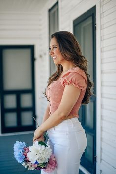 Easy to style in the summer and cute to pair with denim jeans or shorts. Our smocked crop top will be your go to casual outfit this summer. Smocked crop top Stretchy fit Button detailing down front Square neckline True to size Also available in Coffee Paige is 5'3, wears a size 2-4 and is wearing a Small! Pink Angels, Beautiful Angels, Fav Color, Baddie Outfits Casual, Baddie Outfits, Square Neckline, Casual Outfit, Beautiful Hair, This Summer