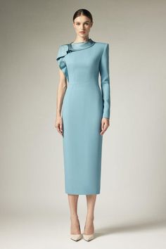 Freda Sheath Asymmetric Sleeved Crepe Calf Length Dress | MEAN BLVD Blue Evening Dress With Draped Sleeves For Formal Events, Blue Midi Dress With Draped Sleeves For Evening, Fitted Evening Dress With Draped Sleeves And Asymmetrical Neckline, Chic Midi Dress With Asymmetrical Neckline For Wedding Guest, Fitted Pre-draped Asymmetrical Midi Dress, Chic Asymmetrical Neckline Dress For Wedding Guest, Fitted Blue Evening Dress With Draped Sleeves, Blue Midi Dress With Draped Sleeves, Elegant Cocktail Dress With Asymmetrical Hem