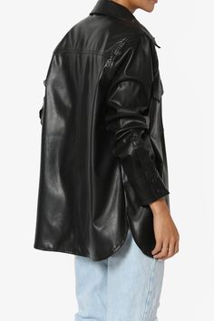 Layer up in the coated finish faux leather shirt. This outer layer can be worn open or buttoned up for extra warmth. Reaching mid-thigh and with long sleeves, you'll be effortlessly stylish every time. Wear with a crop top and denim pants, or leather bottom.Casually-cool vibe of a shirt jacket designed with an easy-to-layer snap buttoned frontPoint collar, Flap chest pockets, Curved hemLong sleeves with button cuffs, Oversized fitFits true to US size, S=Size(4-6), M=Size(8-10), L=Size(12-14), XL Trendy Shacket With Pockets, Trendy Everyday Shacket With Pockets, Trendy Collared Shacket With Flap Pockets, Oversized Solid Shacket With Lapel Collar, Black Long Sleeve Shacket For Everyday, Trendy Shacket With Lapel Collar And Flap Pockets, Chic Oversized Button-up Outerwear, Trendy Workwear Shacket With Flap Pockets, Trendy Oversized Shacket