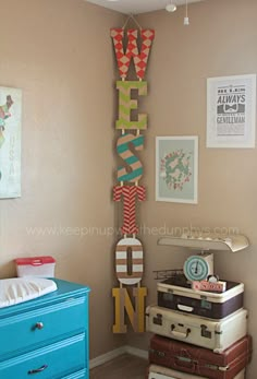 an image of a room that is decorated in the style of candy canes and wood letters