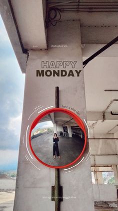 a person standing in front of a mirror with the words happy monday on it