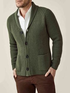 This shawl collar cardigan is knitted in Bergamo, Northern Italy, with 100% four-ply cashmere from the prestigious Cariaggi Fine Yarns Collection, using gauge five with a weight of circa 800 gr.This cardigan is crafted with a ribbed handle that locks in warmth and feels superbly soft but robust. It fastens with classic horn buttons and has elegant double-fronted pockets. Our distinguished shawl collar sits neatly over both button-downs and crew-neck tees to create a timeless look.    Designed fo Classic Cashmere Sweater Coat With Shawl Collar, Classic Fitted Sweater Coat With Shawl Collar, Formal Shawl Collar Winter Cardigan, Formal Shawl Collar Cardigan For Winter, Classic Cashmere Outerwear With Shawl Collar, Timeless Wool Sweater For Winter, Classic Shawl Collar Cardigan For Winter, Formal Fall Cardigan With Shawl Collar, Formal Shawl Collar Cardigan For Fall