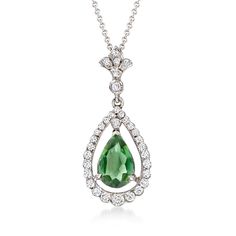 Ross-Simons - C. 2000 Vintage 1.00ct Green Tourmaline, .35ct t. w. Diamond Pendant Necklace in 18kt, Gold. 16". C. 2000. This delicately designed drop pendant necklace from our Estate collection features a lovely forest-green hue. A 1.00 carat pear-shaped green tourmaline is the centerpiece, while twinkling .35 ct. t. w. round brilliant-cut diamonds decorate the floral bale and halo - all set in 18kt white gold. Suspends from a 14kt white gold cable chain. Lobster clasp, diamond and green tourma Pear-shaped Emerald Gemstone Necklace For Formal Events, Pear-shaped Emerald Gemstone Necklace For Formal Occasions, Briolette Emerald Necklace For Formal Occasions, Formal Emerald Briolette Necklace, Formal Briolette Emerald Necklace, Formal Pear-shaped Emerald Necklace In Fine Jewelry Style, Formal Pear-shaped Emerald Necklace Fine Jewelry, Formal Pear-shaped Emerald Necklace, Fine Jewelry Briolette Gemstones For Formal Occasions