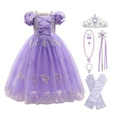 Prepare a Halloween/Christmas gift for your princess with us in HAWEE! More kind Halloween style welcome to choose in HAWEE Shop Product Information Department Name: Princess Repunzel dress Package: OPP Bags Material: Cotton, Spandex, Polyester Theme: /Repunzel Princess Contains: 1 Pcs Dress + 1 OPP Bags Accessories Size: Free Size,Suitable for most kids -- Inspired Repunzel princess dress is made of polyester, satin, cotton soft fabric for a comfortable Halloween costume that your princess girl Disney Princess Dresses For Kids, Repunzel Dress, Purple Dress Accessories, Princess Sofia Dress, Kids Puff, Rapunzel Cosplay, Disney Princess Costumes, Rapunzel Dress, Princess Dress Kids