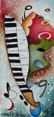 a painting of a musical instrument with music notes on the bottom and an image of a piano