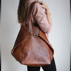 Large Vegan Leather Shoulder Bag, Buckle Closure, And Cosmetic Pouch. See Last Photo For Measurements. Big Tote Bags, Slouchy Tote, Large Leather Bag, Leather Cosmetic Bag, Handmade Leather Bag, Handmade Leather Bags, Large Leather Tote Bag, Soft Leather Bag, Oversized Tote Bag