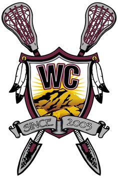 the logo for the lacrosse team with two crossed swords and mountains in the back ground