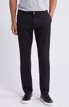 Slim and streamlined from thigh to hem, these smart-casual pants are cut from stretchy, breathable twill that looks great at work or on the weekend. 32" inseam; 14 1/2" leg opening; 10" front rise Zip fly with button closure Front slant pockets; back welt pockets 56% cotton, 40% viscose, 4% Lycra® spandex Machine wash, line dry Imported Slim Fit Straight Leg Chinos With Belt Loops, Modern Black Bottoms With Five Pockets, Modern Black Jeans For Workwear, Straight Five Pocket Bottoms For Workwear, Black Jeans With Welt Pockets For Work, Straight Work Bottoms With Hip Pockets, Business Straight Leg Elastane Pants, Classic Black Straight Leg Work Pants, Business Casual Work Pants With Five Pockets