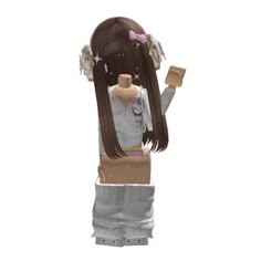 a girl with long brown hair is standing in front of a white background and has her hands up