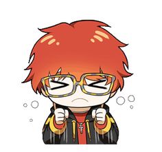 an anime character with glasses and a red hair pointing to the side while wearing a black jacket