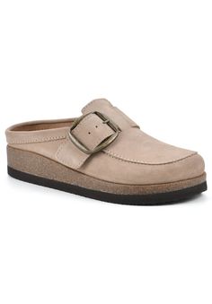 The Bueno by White Mountain Shoes is a classic moccasin-style clog that is right on trend. This clog has a contoured footbed to hug your foot and a soft cork bottom for maximum comfort. The oversized statement buckle makes this clog stand out. This shoe is perfect to throw on when it's chilly and is made out of genuine leather that lasts!Leather UpperSynthetic LiningSynthetic OutsoleSynthetic Footbed1.5" Heel heightCasual Flat available in sizes 5-12 whole sizes only | Women's Bueno Casual Flat Beige Slip-on Mules With Buckle Closure, Beige Buckle Closure Slip-on Mules, Casual Closed Toe Clogs With Buckle Closure, Spring Comfortable Clogs With Buckle Closure, Comfortable Spring Clogs With Buckle Closure, Comfortable Clogs With Buckle Closure For Spring, Casual Slip-on Mules With Buckle Closure, Casual Slip-on Clogs With Buckle Closure, Casual Mules With Buckle Closure And Round Toe