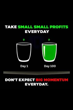 two glasses with green liquid and the words take small small profits every day don't expect big momentum everyday