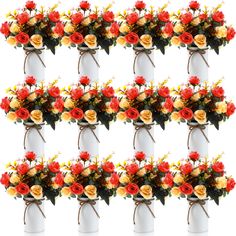 multiple images of flowers in white vases with brown stems and red roses on each side