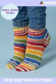 a person wearing colorful socks with text overlay that reads, free knitting pattern sebu ankle socks