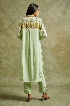 Green shirt style kurta placement embroidered with kashmiri aari. Paired with a plain straight pant and dupatta with matching placed embroidery. - Aza Fashions Traditional Pista Green Blouse With Resham Embroidery, Traditional Straight Kurta Top With Dabka Work, Traditional Silk Pant Set With Resham Embroidery, Festive Straight Kurta Embroidered Top, Festive Chikankari Embroidered Straight Kurta Top, Traditional Embroidered Designer Pant Set, Traditional Pant Set With Dabka Work, Traditional Pant Set With Intricate Embroidery For Designer Wear, Traditional Silk Pant Set With Chikankari Embroidery