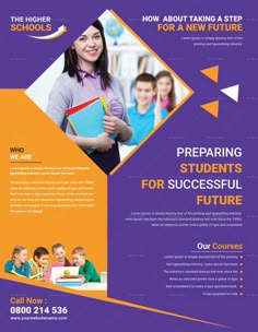 a purple and orange flyer for a school