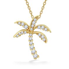 14K Yellow Gold Palm Tree Pendant with 0.39 Carats (total weight) of Pavé Set Diamonds. 17" 14K Yellow Gold Chain included. The pendant measures approximately 13/16" in length. Fine Jewelry Charm Necklace In Yellow Gold, Fine Jewelry Yellow Gold Charm Necklace, Yellow Gold Hallmarked Charm Necklace, Fine Jewelry, Hallmarked Yellow Gold Charm Necklace, Yellow Gold Pendant Necklace 16 Inch, 14k Yellow Gold Jewelry, 16 Inch Length, 14k Yellow Gold Brilliant Cut Necklace, White Gold Plated Necklace With Brilliant Cut, Hallmarked Yellow Gold Diamond Pendant Necklace