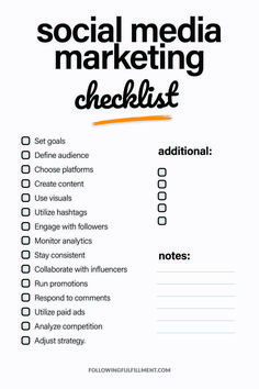 the social media marketing checklist is shown in black and white with an orange marker