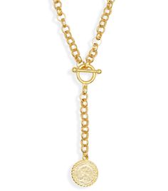 Y link necklace with old world coin pendant - Karine Sultan Silver Link Necklace, Pewter Metal, World Coins, 24kt Gold, Long Pendant, Rolo Chain, Coin Pendant, Beautiful Necklace, Toggle Clasp