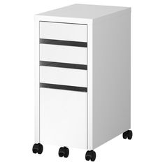 a white filing cabinet with wheels on the bottom and two drawers on the top, in front of a white background