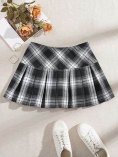 Black And White Plaid Woven Women's Skirt Black Casual   Woven Fabric Plaid Pleated Non-Stretch  Women Clothing, size features are:Bust: ,Length: ,Sleeve Length: Black And White Buffalo Plaid Skirt, Plaid Patterened Panty Hose And Blaxk Leather Skirt, Clubbing Shoes, Black And White Plaid Skirt, Black Plaid Skirt, Tartan Skirt, Black And White Plaid, Women Skirts, Plaid Skirts