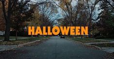 the words halloween are displayed in front of a road with trees and leaves on both sides