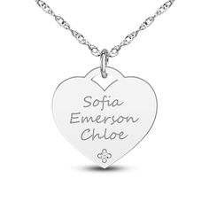 A lustrous high-polish, personalized heart pendant is adorned with a shimmering diamond accent and displays three names proudly in the center of this stylish women's necklace. Fashioned in 14K white gold, the 18-inch rope chain secures in place with a spring ring clasp. Personalize line 1 with up to 10 characters, line 2 with up to 9 characters, and line 3 with up to 8 characters. Women's Necklace, Jared The Galleria Of Jewelry, Pendant Diamond, Heart Pendant Diamond, Rope Chain, Spring Rings, Personalized Jewelry, Stylish Women, Heart Pendant