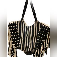 Features Stylish Stripe Print Side Fringe And Pom Pom Accents Top Rope Handles Interior Side Zip And Slip Pockets Nwot. Pet/ Smoke Free Home. Chic Beige Fringe Shoulder Bag, White Fringed Shoulder Bag For Beach, Chic Fringed Beach Bag For Vacation, Chic Fringe Beach Bag For Vacation, Black Casual Bags With Tassels, Chic Tassel Shoulder Bag For Vacation, Chic Vacation Shoulder Bag With Tassels, Casual Black Bags With Tassels, Chic Vacation Bags With Tassels