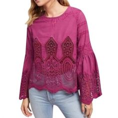 Brand New With Tags! Msrp $118 Size Medium Color: Magenta Round Neck Bell Sleeves Intricate Lace/Eyelet Design Embroidered Body: 100% Cotton Lace: 100% Polyester Dry Clean Only Flat-Lay Measurements: Shoulders 16" Bust 20.5" Hem 22" Length 24" Sleeves 24" Cuff 13" Lace Sleeve Shirt, Cotton Lace Tops, Crochet Bell Sleeve, Lace Bell Sleeve Top, Embroidered Lace Top, Bohemian Blouses, Bell Sleeve Blouse, Anthropologie Top, Beautiful Blouses